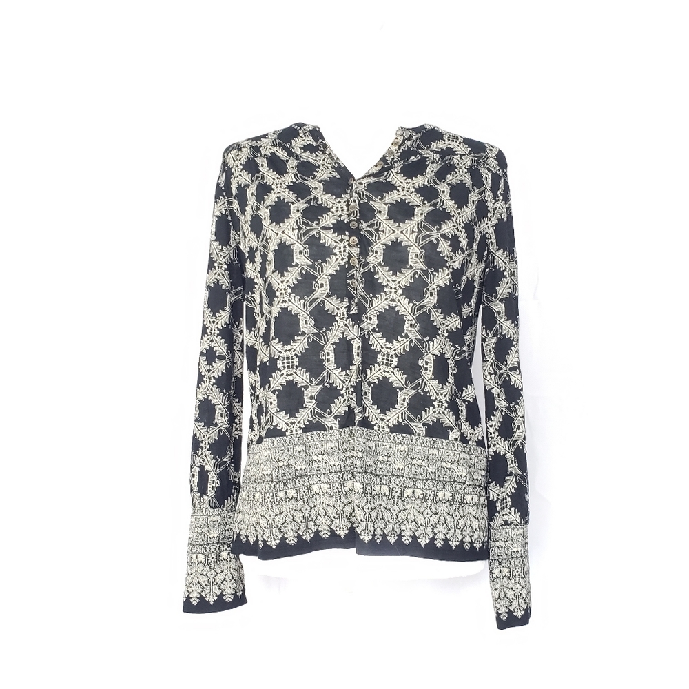 ⚪2/$20 Lucky Brand Border Print Henley Knit Top Boho